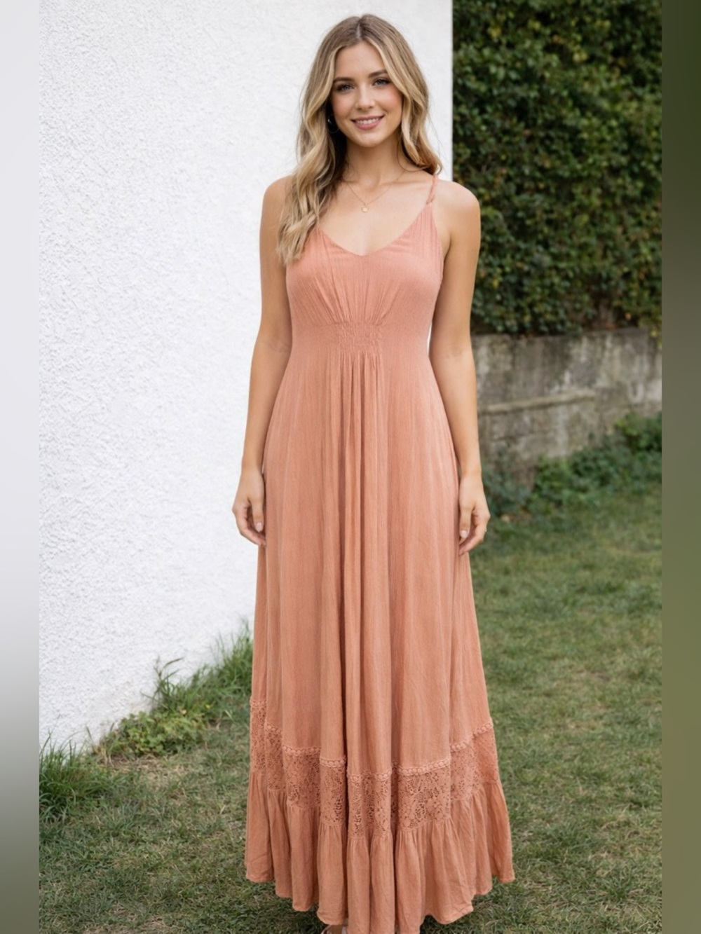 Altar’d State Boho Peach Maxi SunDress Strappy Lace Hem Coastal Resort Flowy Md - Picture 4 of 14